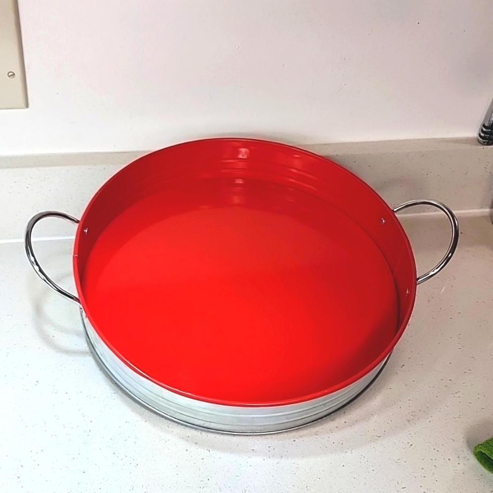 Serving Tray Galvanized Metal Red  13 inch round 2.25 inches deep
